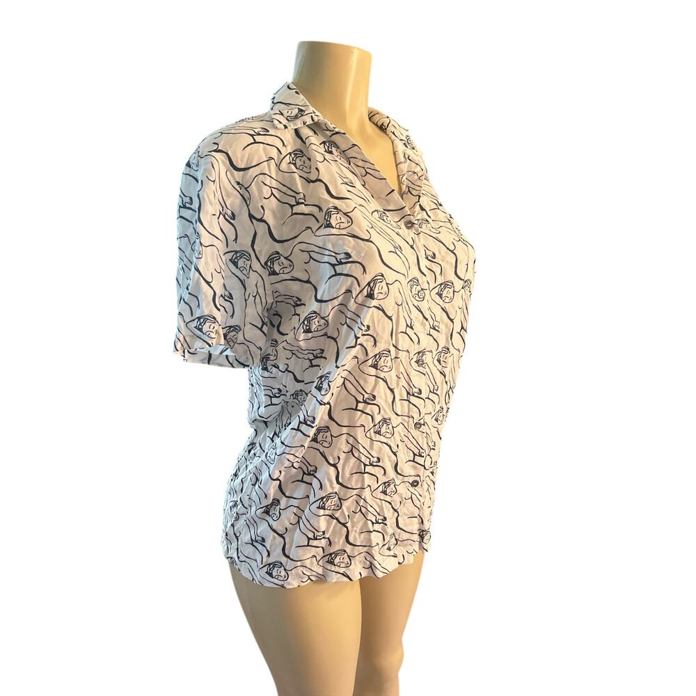Women P Veda Belize Button-Down Shirt Top Female Figure Print Blouse Cream Black
